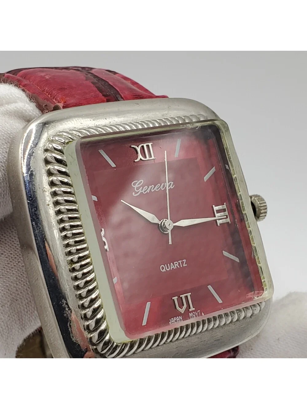 Geneva Womens Watch  40mm Red Dial Leather Band Square New Battery